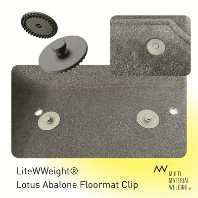 LiteWWeight® Lotus Abalone floor mat retention clip installed in an automotive carpet From Two Components to One – Reducing Material by 50% and Improving Assembly Efficiency